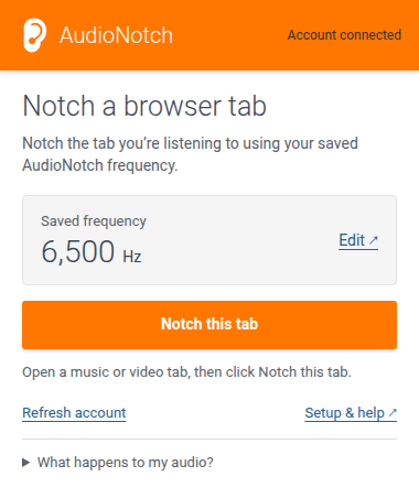 AudioNotch Chrome extension with the official logo, saved frequency and Notch this tab button
