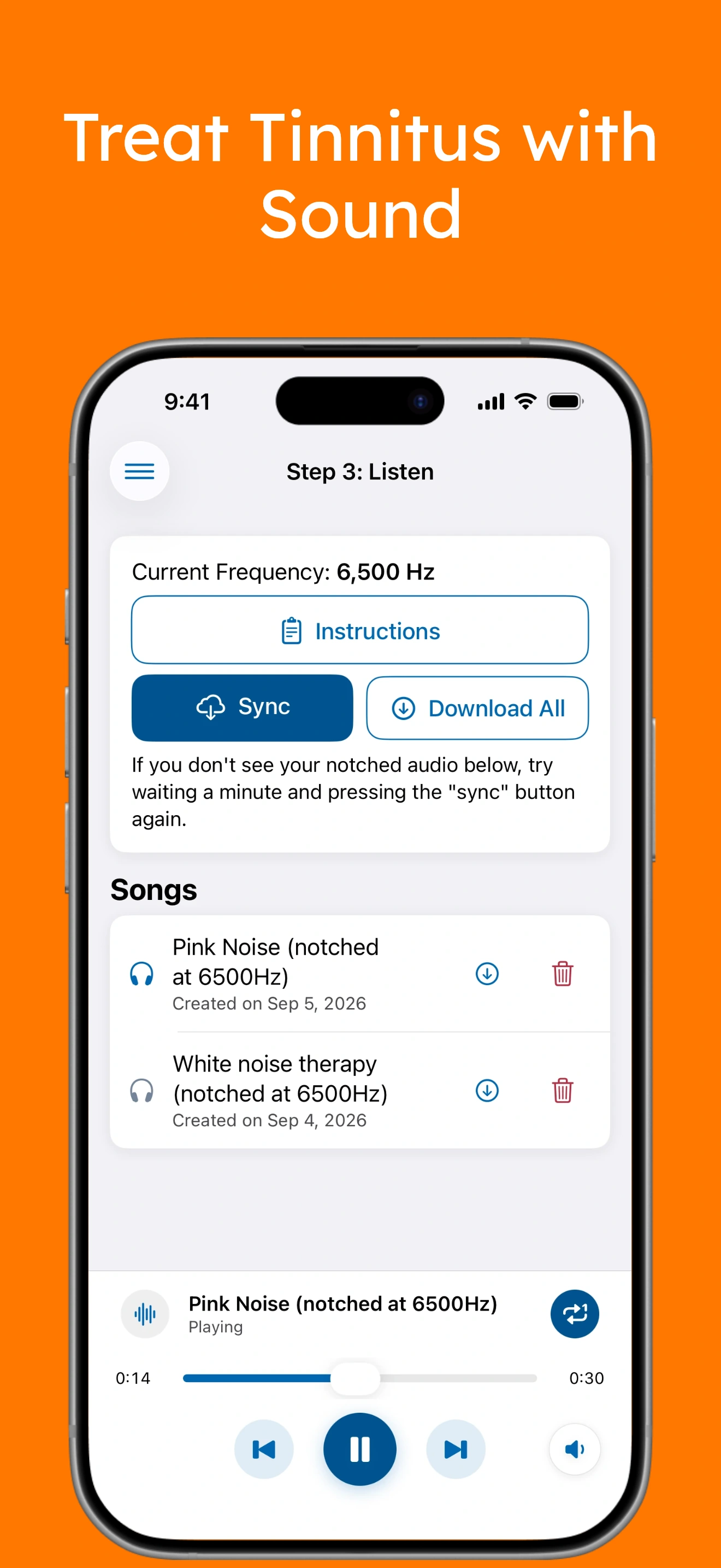 The current AudioNotch iOS app, showing saved sounds and offline download controls