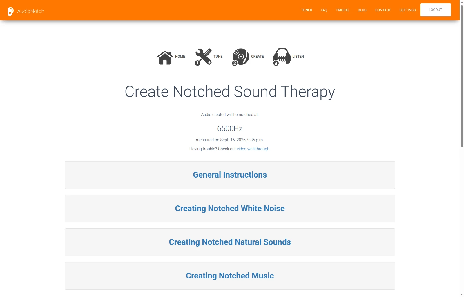 The current AudioNotch web app, showing the saved frequency and sound creation choices
